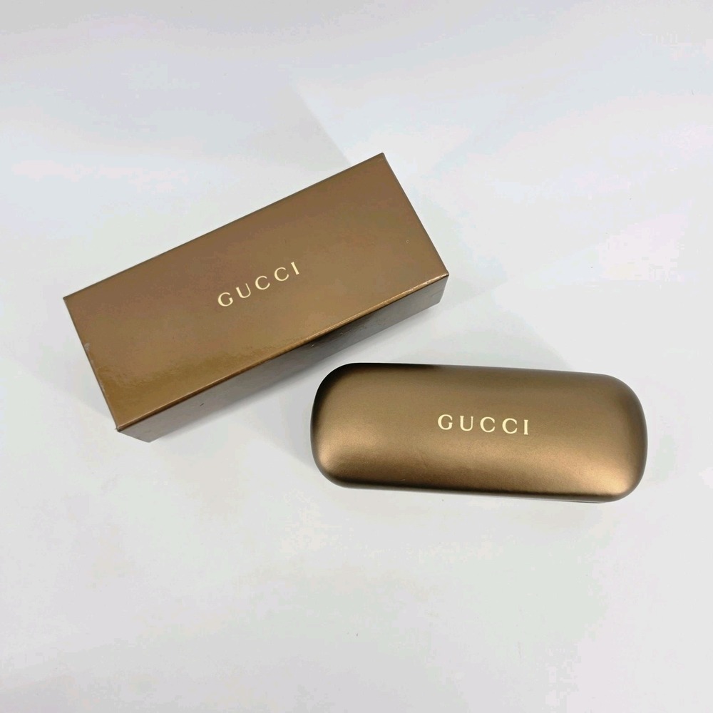 Gucci Sunglasses Case Bronze Gold Hard Shell Clamshell GG Monogram Eyewear Box
